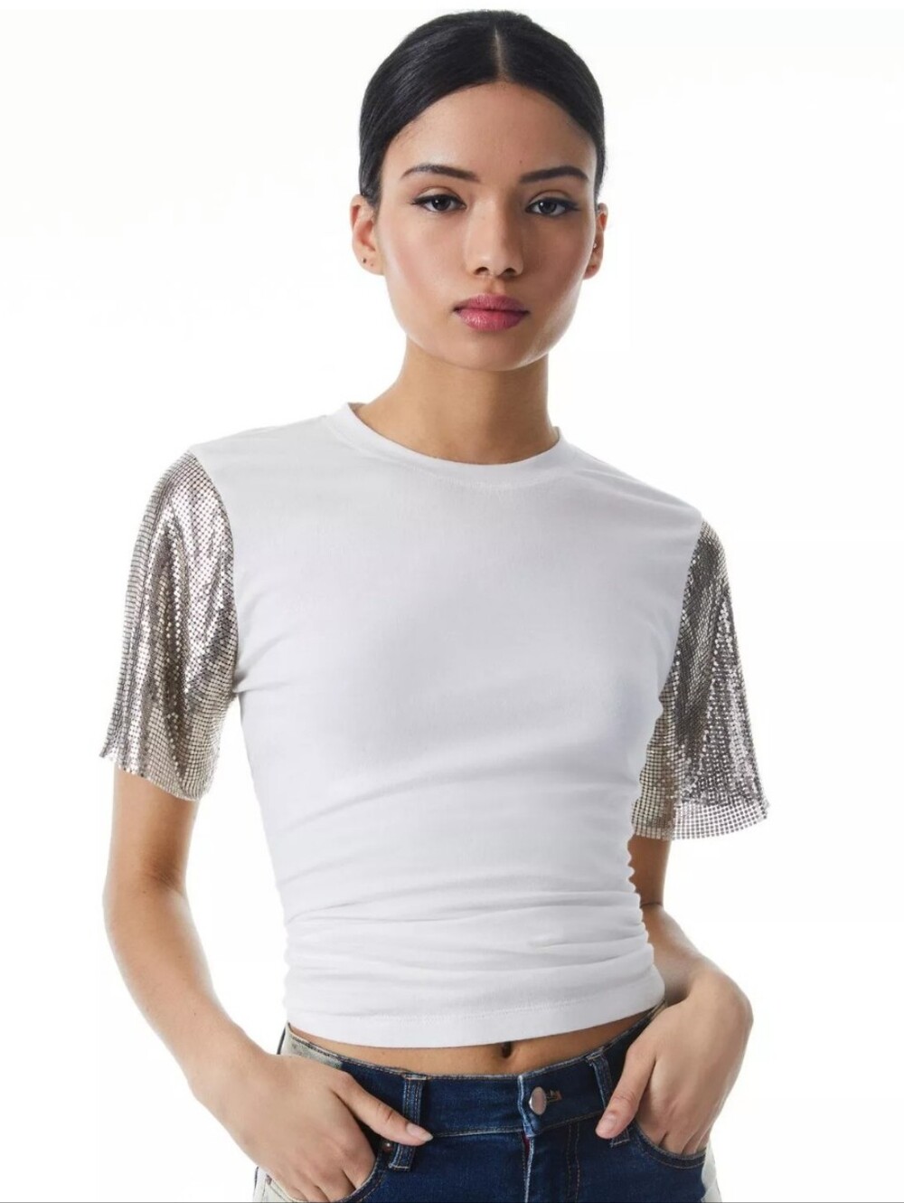 NWT$250 Alice + Olivia Jeans Tari Chainmail Cotton-Jersey T-Shirt Top Sz XS/S